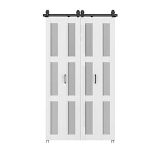 48 in. x 84 in. 3 Lite Pre Assembled Frosted Glass White MDF Double Bi-Fold Barn Doors with Hardware Kit and Door Handle