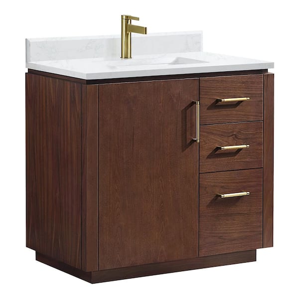 San 36 in.W x 22 in.D x 33.8 in.H Single Sink Bath Vanity in Natural Walnut with White Composite Stone Top