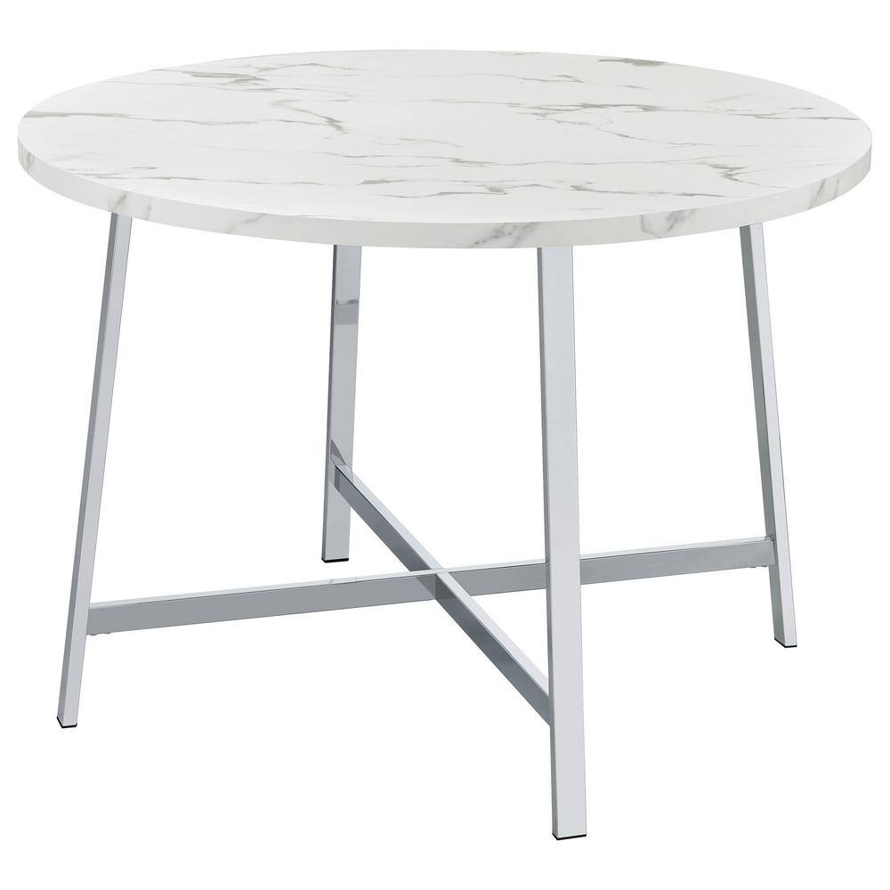 Round White Faux Marble and Chrome Dining Table