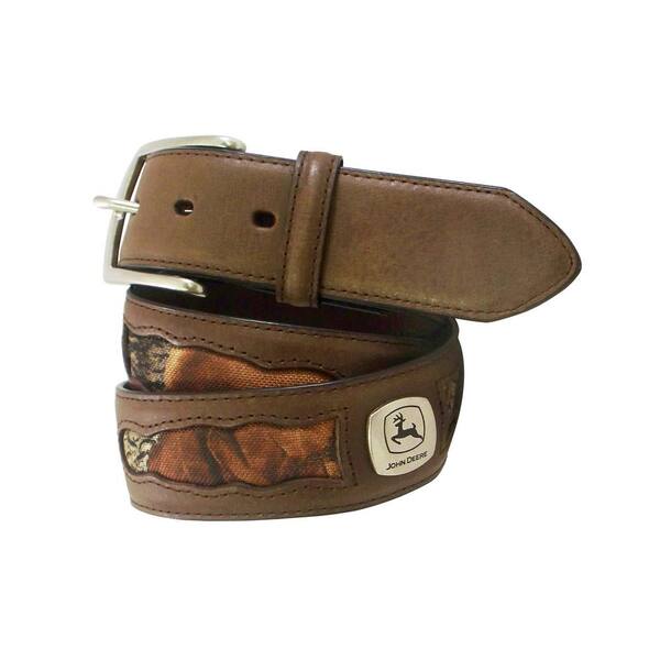 JOHN DEERE Men's Size 44 Brown Leather and Camo Inset Belt