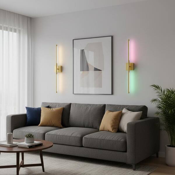 28 in. 2-Light Gold Wall Sconces Set, Wireless 3CCT-RGB LED Wall Lights for Bedroom, Living Room, Hotel, 2-Pack