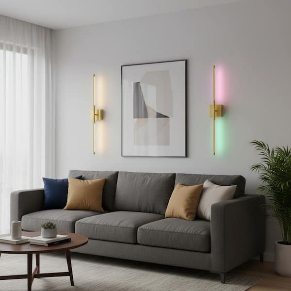 28 in. 2-Light Gold Wall Sconces Set, Wireless 3CCT-RGB LED Wall Lights for Bedroom, Living Room, Hotel, 2-Pack