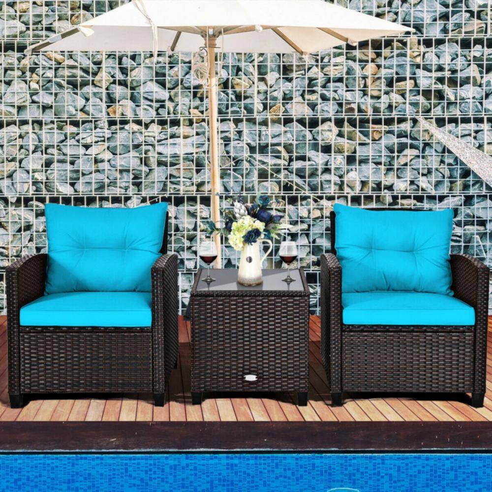 Turquoise Cushioned Rattan 3-Piece Patio Conversation Set