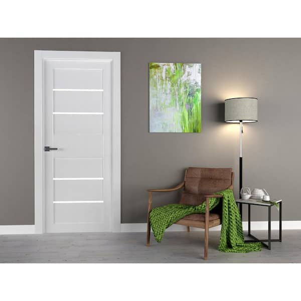 30 in. x 80 in. Liah Bianco Noble Finished Frosted Glass 4-Lite Solid Core Wood Composite Interior Door Slab No Bore