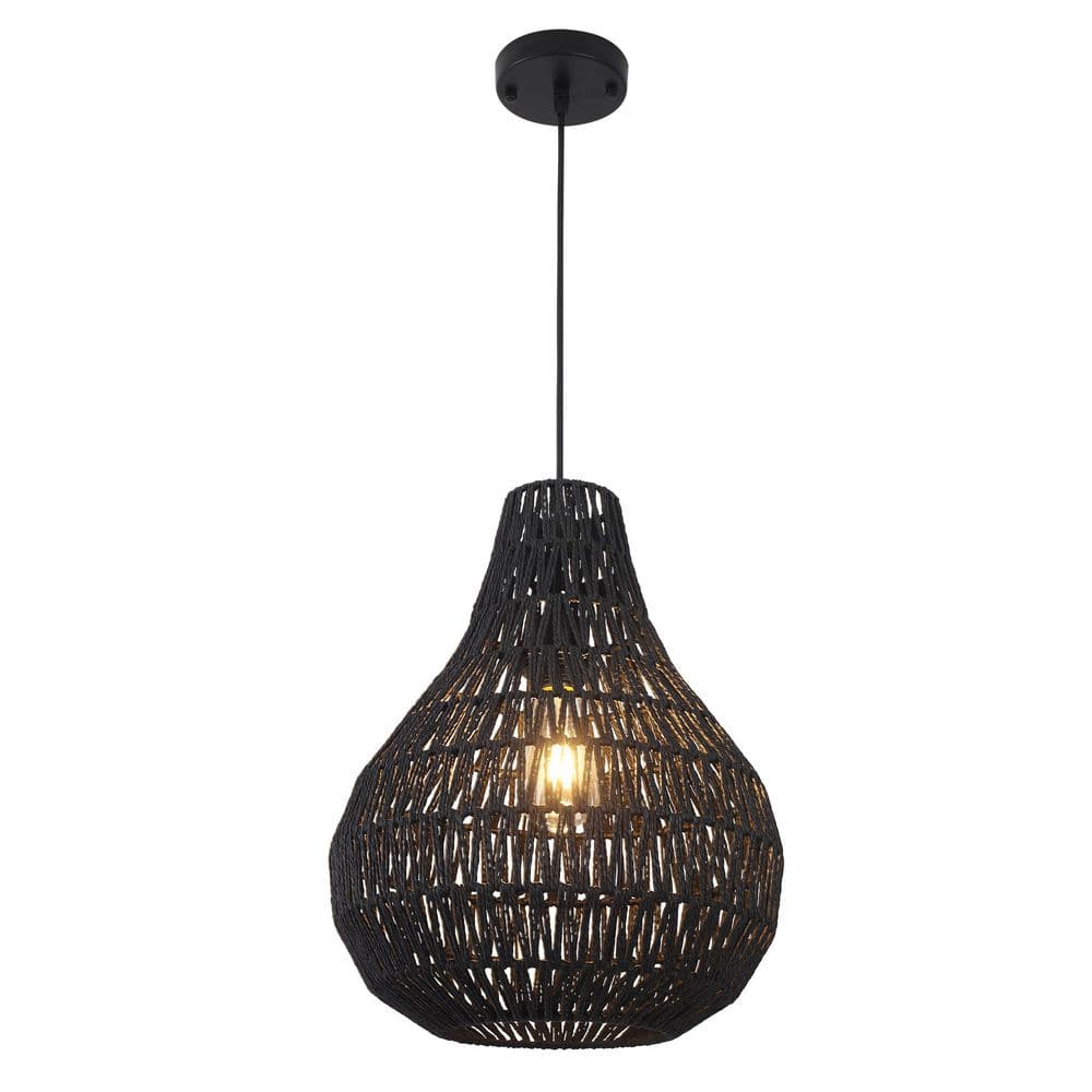1-Light 13.77 in. Black Woven Dome Boho Pendant Light Modern Nordic Style with Hand-Woven Paper Rattan Shade price history on PriceWatchPro