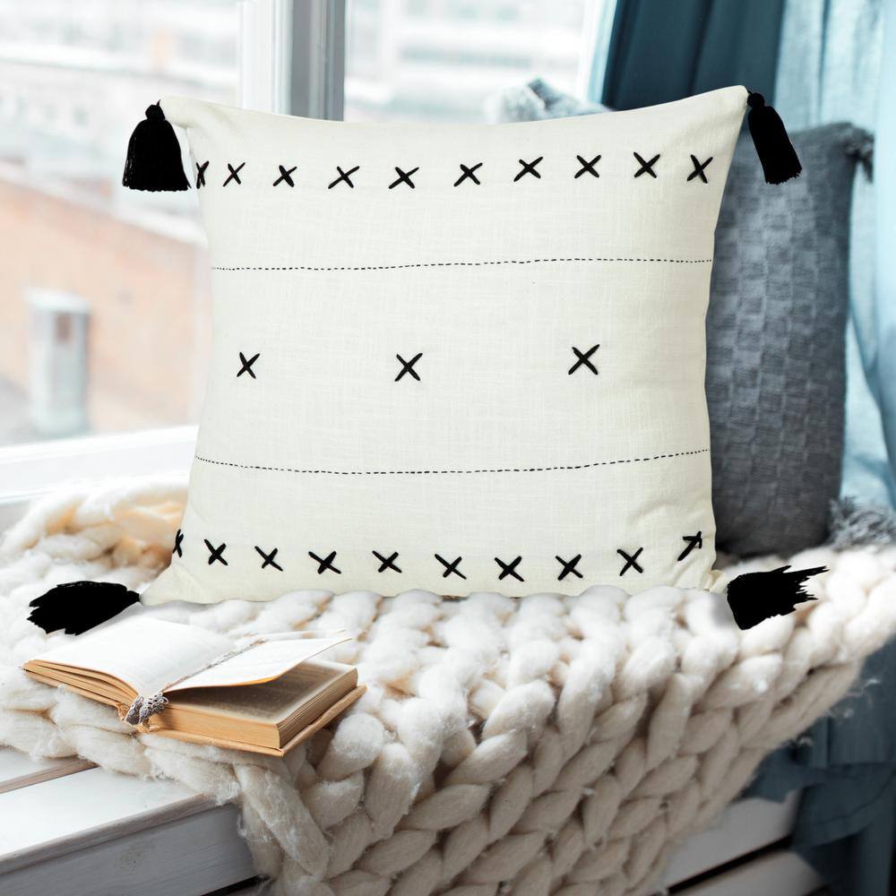 20" White and Black Embroidered Cotton Throw Pillow