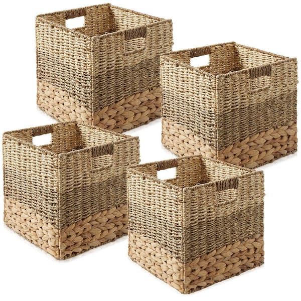 Brown Mixed Weave 12 in. x 12 in. Wicker Hyacinth Decorative Basket Storage Cube Set of 4