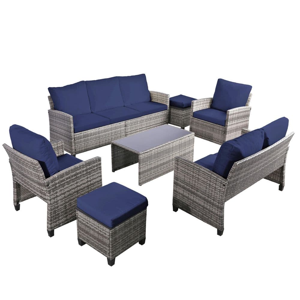 7 of Pieces Wicker Outdoor Patio Seating Set Sectional Set with Blue Cushions and Coffee Table in Gray price history on PriceWatchPro