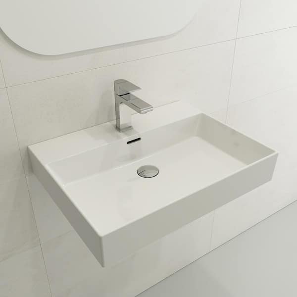 BOCCHI Milano Wall-Mounted White Fireclay Bathroom Sink 24 in. 1-Hole with Overflow