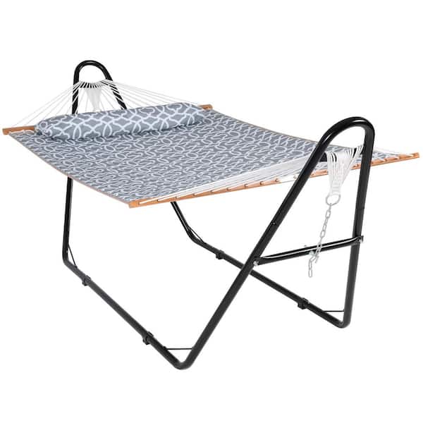 Atesun 10 ft. Quilted 2-Person Hammock Bed with Stand, up to 475-Capacity, Pillow Included, Gray Pattern