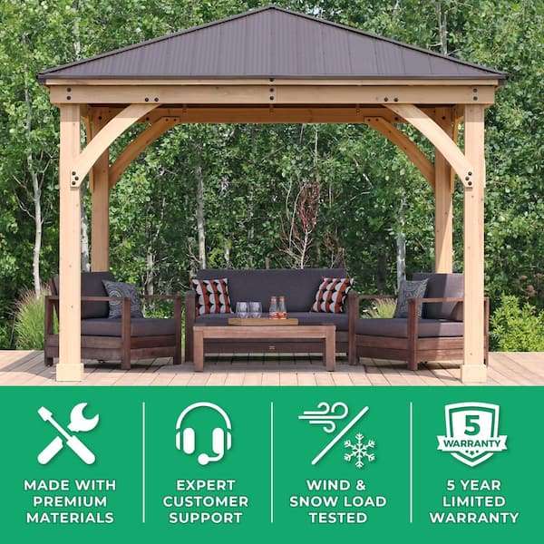 Meridian 12 ft. x 12 ft. Premium Cedar Outdoor Patio Shade Gazebo with a 12 ft. Privacy Wall and Brown Aluminum Roof