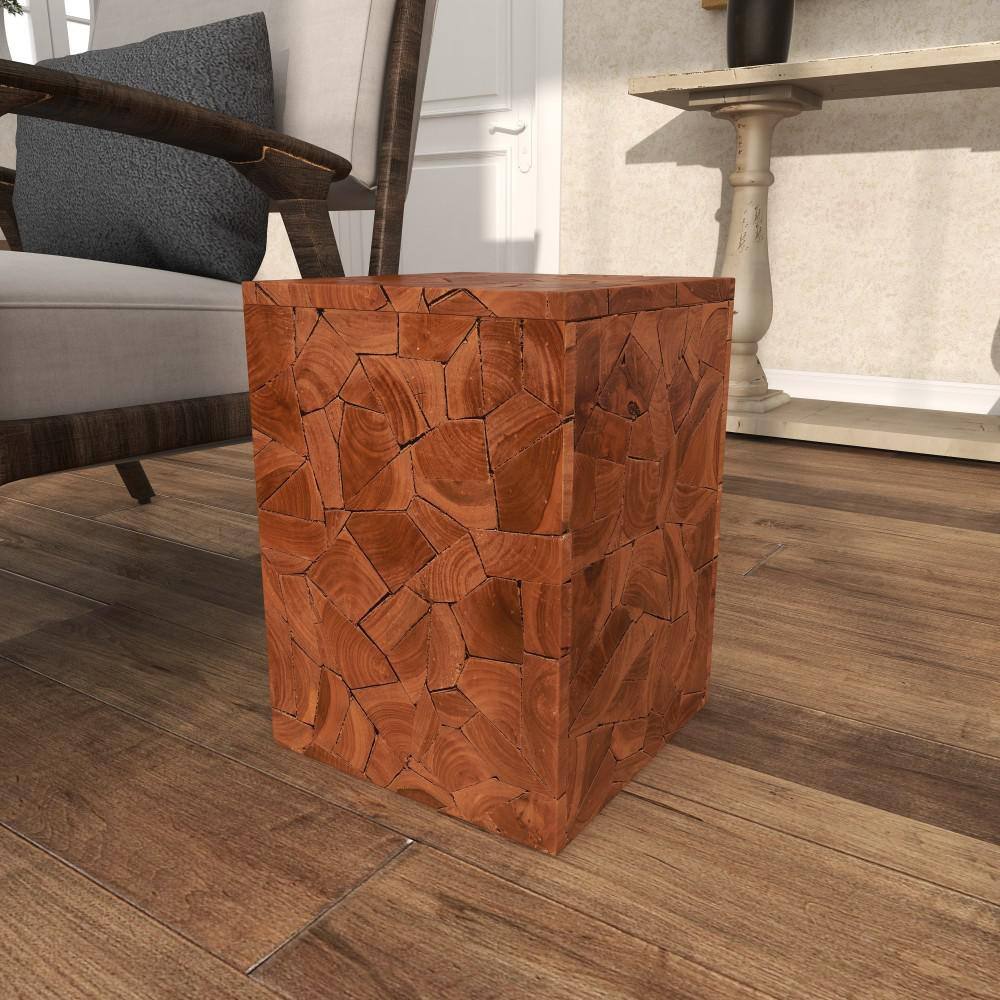 Handmade Teak Wood Mosaic Accent Table 12" Square in Brown