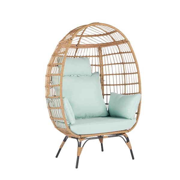 Zeus & Ruta Wicker Outdoor Lounger Chair, Oversized Egg Chair for Patio, Backyard, Living Room with Light Blue Cushions, Steel Frame