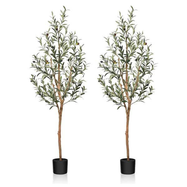 5 ft. Artificial Olive Tree, Lifelike Fruits and Natural Wood Trunk (Set of 2)