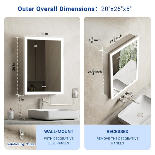 Elega 20 in. W x 26 in. H Rectangular Aluminum Recessed/Wall Mount Dimmable Fogless Lighted Medicine Cabinet with Mirror