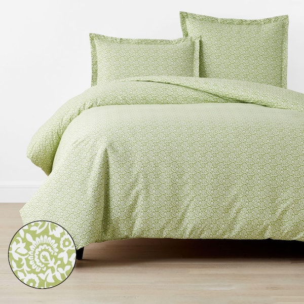 The Company Store Company Cotton Mini Garden Floral Lime Green King Cotton Percale Duvet Cover