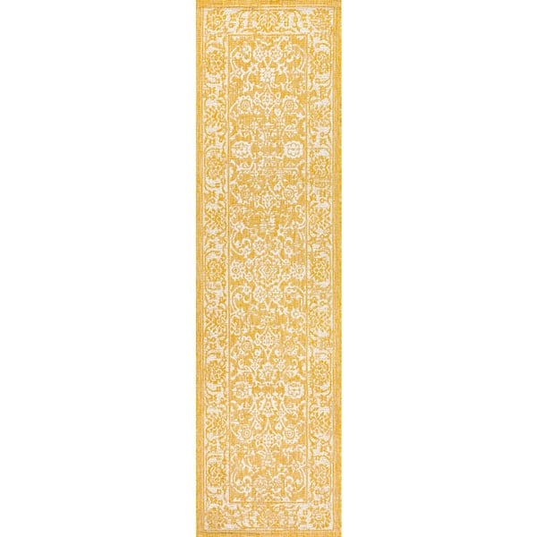 Tela Bohemian Textured Weave Floral Yellow/Cream 2 ft. x 10 ft. Indoor/Outdoor Area Rug