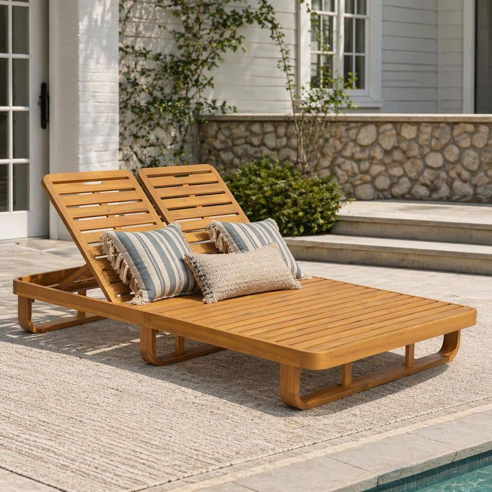 Garret Acacia Wood Patio Outdoor Double Lounge Chairs with Adjustable Backrest, Teak Finsh, Brown (Set of 1) price history on PriceWatchPro