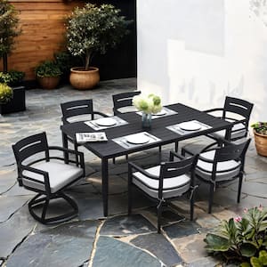 Ember Black 7-Piece Aluminum Rectangle Outdoor Dining Set with White Cushion, with Umbrella Hole