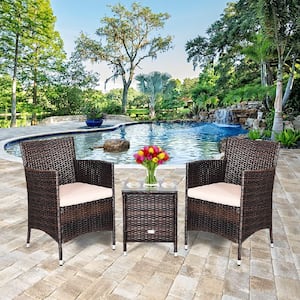 3-Piece PE Rattan Wicker Patio Conversation Set Outdoor Chairs and Coffee Table with Yellowish Cushion