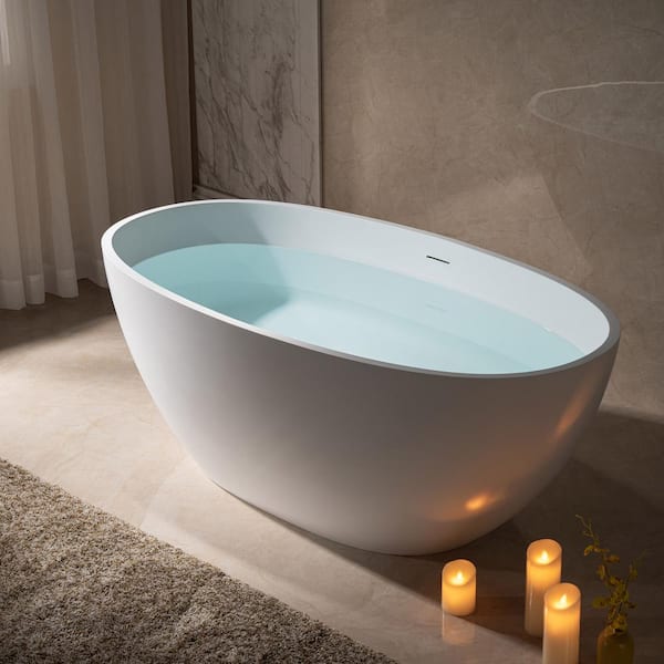 WOODBRIDGE Newark 59 in. Solid Surface Flatbottom Freestanding Double Ended Soaking Bathtub in Matte White with Two drain covers