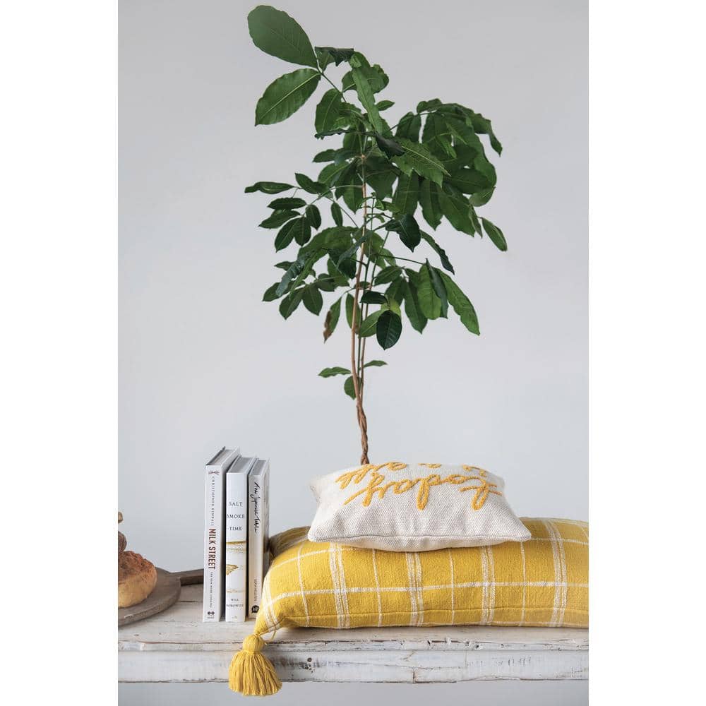 Cream and Mustard Embroidered Cotton Lumbar Pillow