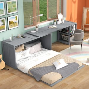 Gray Wood Frame Queen Size Murphy Bed with Rotable Desk