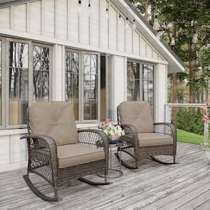 Salerno Brown Wicker Outdoor Rocking Chair with Brown Cushions