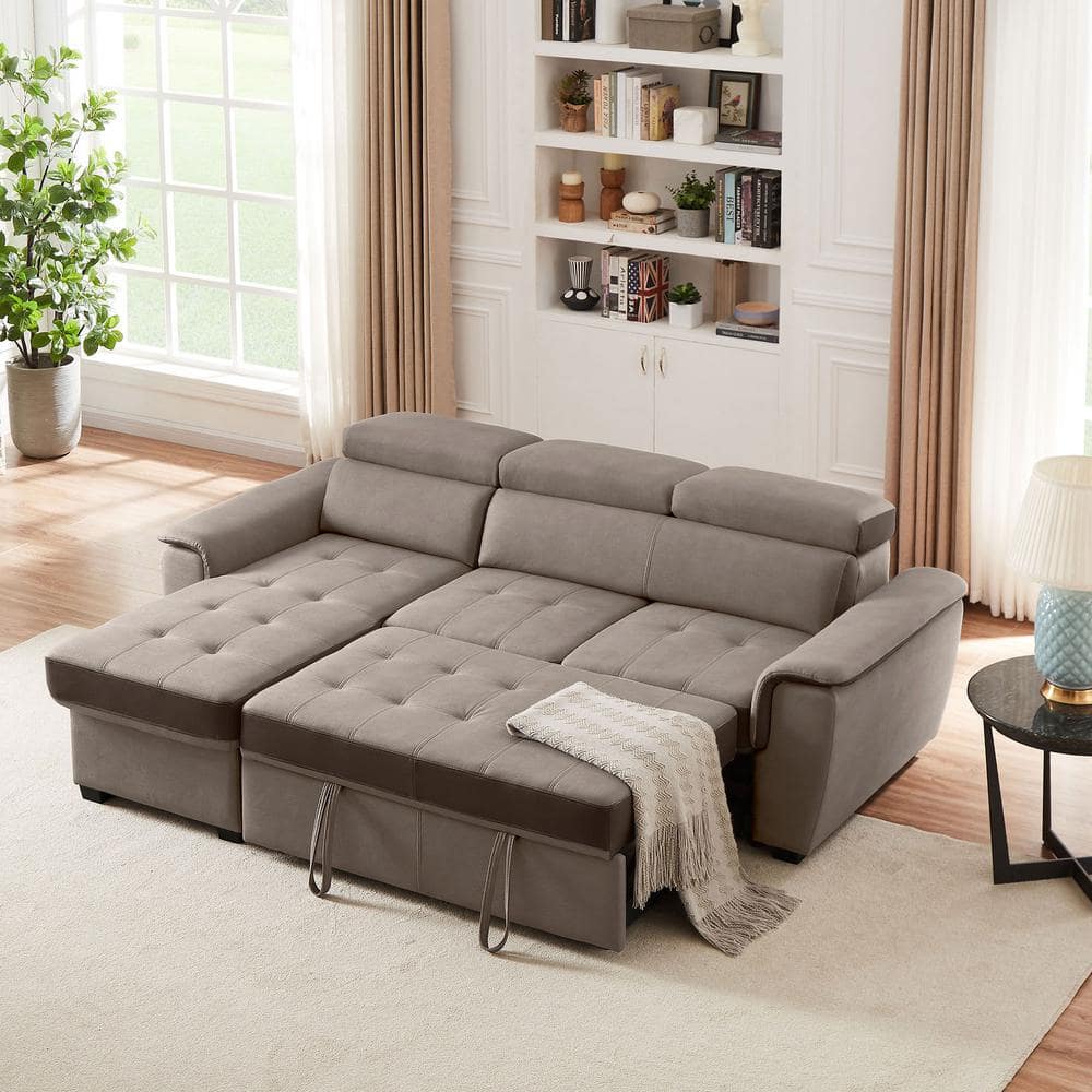 STICKON 96.46 in. W Square Arm Beige L Shaped Polyester Queen Size Sofa ...