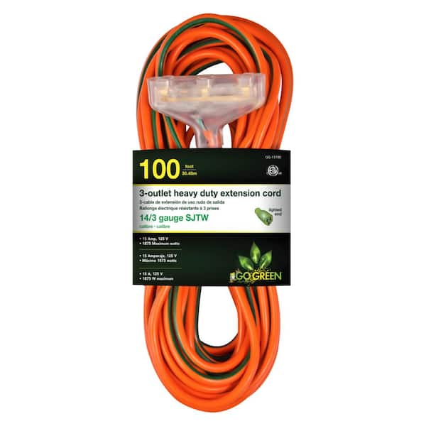 GoGreen Power 100 ft. 3-Outlet 14/3 Heavy Duty Extension Cord - Orange