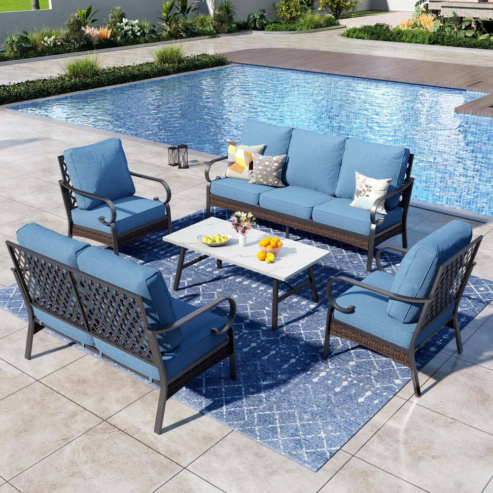5-Piece Black Metal 7 Seats Outdoor Conversation Set with Fixed Chair, Marbling Coffee Table and Denim Blue Cushions price history on PriceWatchPro