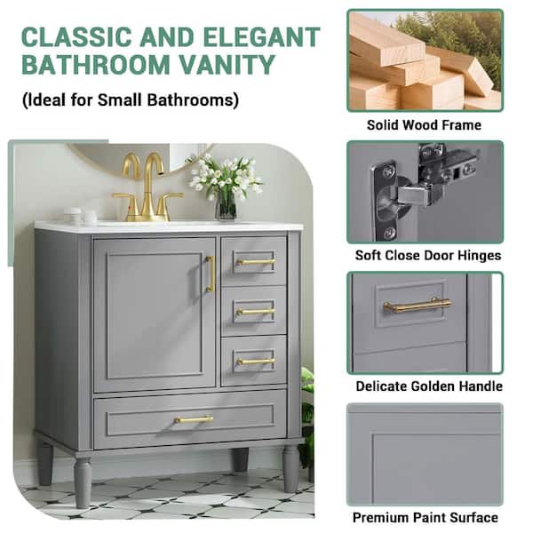 30 in. Single Sink Gray Bath Vanity with White Ceramic Top (Self Assembly Needed)