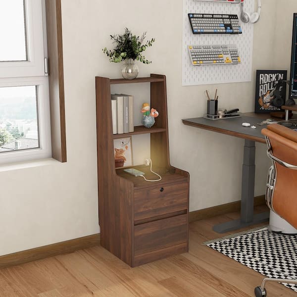Unbranded Brown 2 Drawer Wood Nightstand with Charging Station Smart Bedside Table with USB Night Light Night Stand with Bookshelf