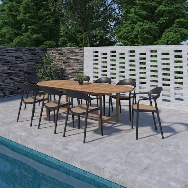 Okuma 9-Piece Solid Teak Wood 100% FSC Oval Patio Dining Set Black