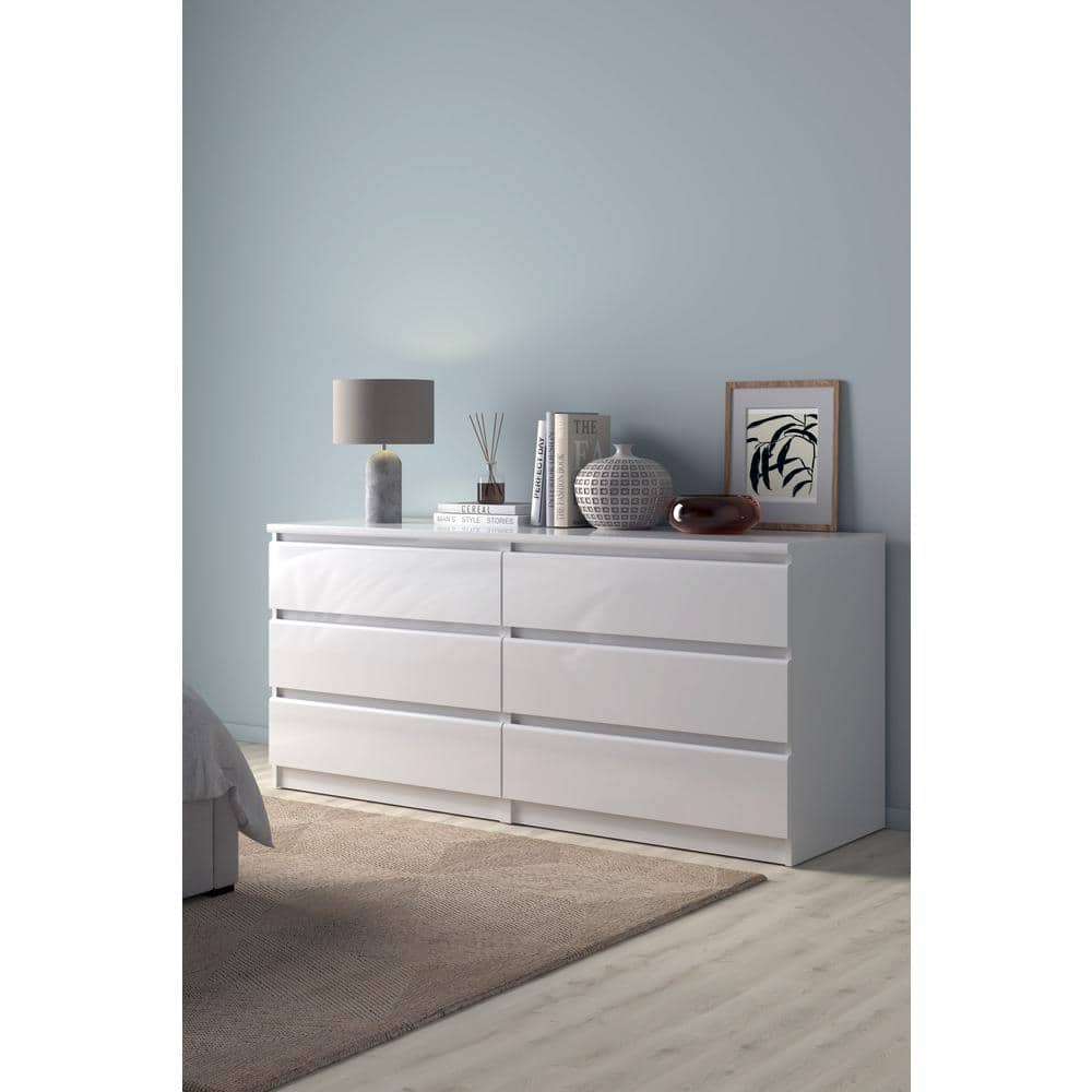 Sleek White High Gloss 6-Drawer Modern Double Dresser