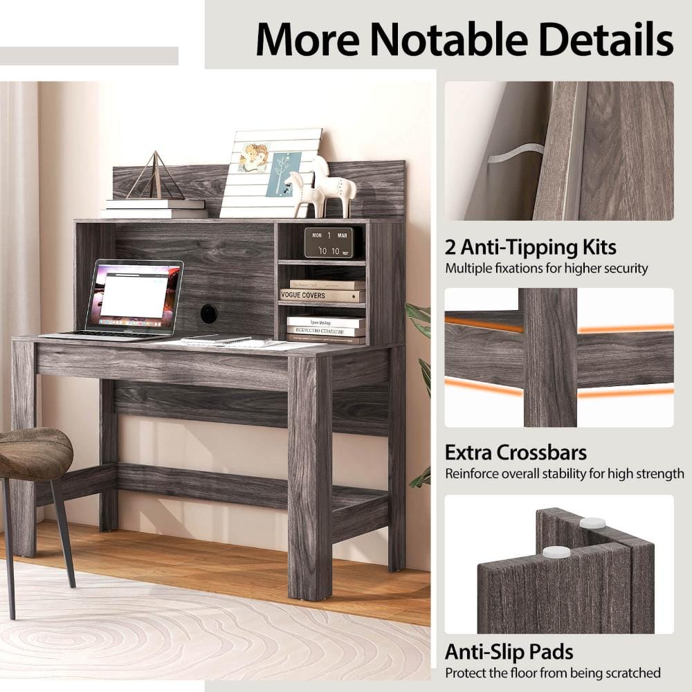 Details on anti-tipping kits and stability features for the desk.