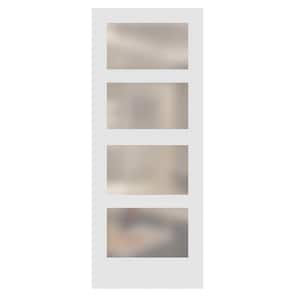 32 in. x 80 in. Left-Handed 4-Lite Satin Etched Glass Solid Core Primed Wood MDF Single Prehung Interior Door