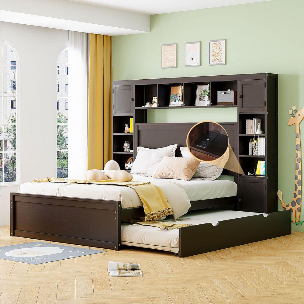 Espresso (Brown) Wood Frame Queen Platform Bed with All-in-One Cabinet Multiple Shelves, Cabinets, Trundle, USB, Drawers