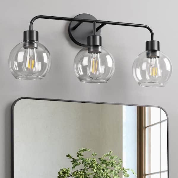 24 in. 3-Light Matte Black Vanity Light with Ball-Shaped Clear Glass Shade