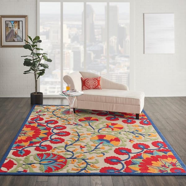 Aloha Easy-Care Red/Multicolor 8 ft. x 11 ft. Floral Modern Indoor/Outdoor Patio Area Rug