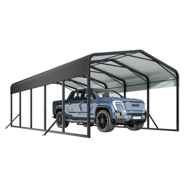 15x25FT Black Metal Car Carport，Heavy Duty Carport with Reinforced Support Base.