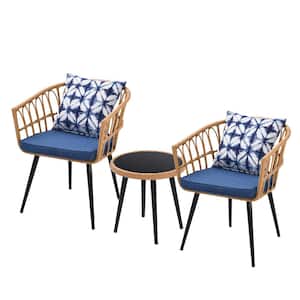 3 Piece Yellow Wood Patio Outdoor Bistro Conversation Set with Blue Cushions and 1 Side Table