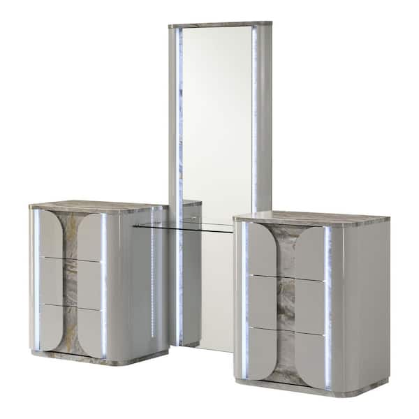 Wells 2-Piece Light Gray Vanity Set with Stool with Touch-Control LED on Full Length Mirror and Replicated Marble Accent