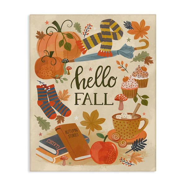 Stupell Industries Hello Fall Cozy Autumn Items by Lisa Perry Whitebutton Unframed Graphic Typography Art Print 20 in. x 16 in.