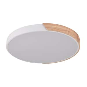 Lumin 15.8 in. 1-Light Wood and White Finish Dimmable LED Flush Mount for Bedroom Kitchen Living/ Dining Room (6000K)