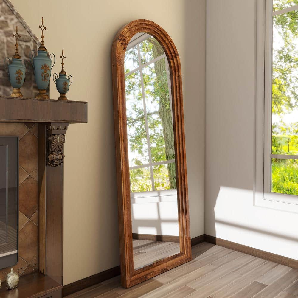 XRAMFY 71 in. H x 30 in. W Arched Classic Brown Wood Framed Oversized Full Length Mirror Floor Mirror 1026ACSC3071-WA