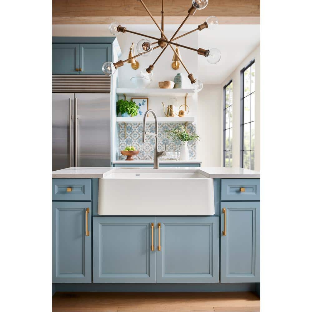 White Stone Double Bowl Farmhouse Kitchen Sink, 33-inch