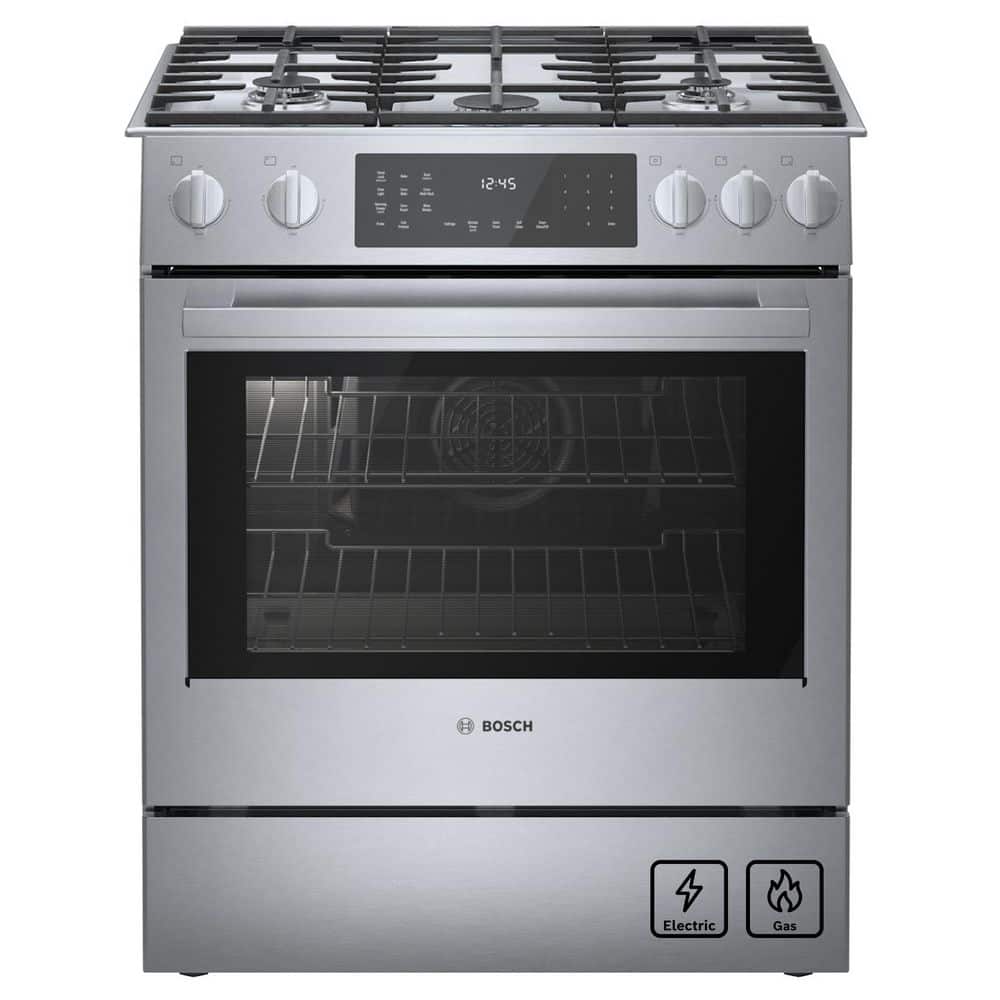 Bosch Benchmark Series 30 in. 4.6 cu. ft. Slide-In Dual Fuel Range with Gas Stove and Electric Oven in Stainless Steel
