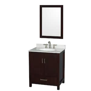 Sheffield 30 in. W x 22 in. D x 35.25 in. H Single Bath Vanity in Espresso with White Carrara Marble Top and 24" Mirror