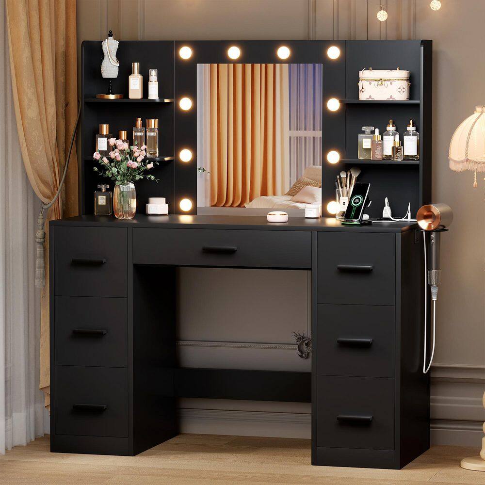 Makeup Vanity With Lights in 3-Colors, Vanity Desk with Large Mirror, Drawers and Shelves, White - thumbnail 9